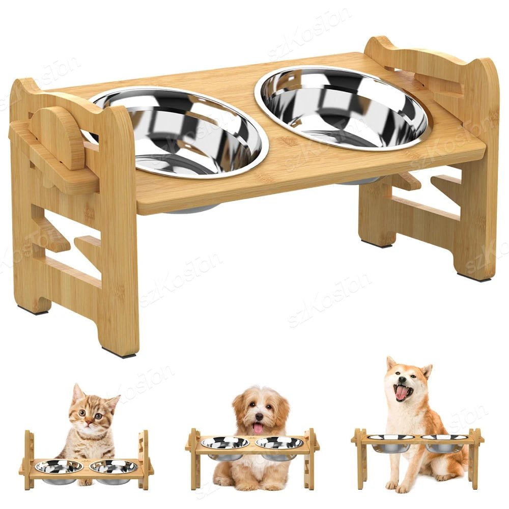 Adjustable Bamboo Dog Bowl Stand - PetLiveliest - PetLiveliest - Adjustable Height - Anti - Slip - Bamboo