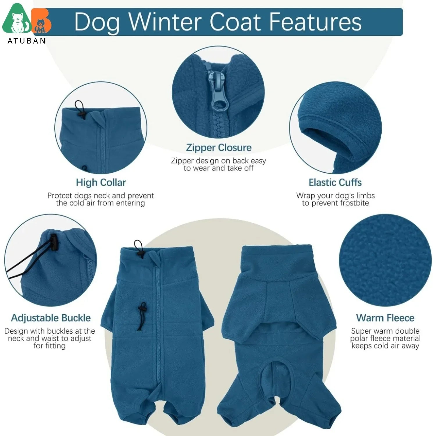 ATUBAN Dog Winter Fleece Coat - PetLiveliest - PetLiveliest - Cold Weather Vest - Dog Jacket - Dog Winter Coat