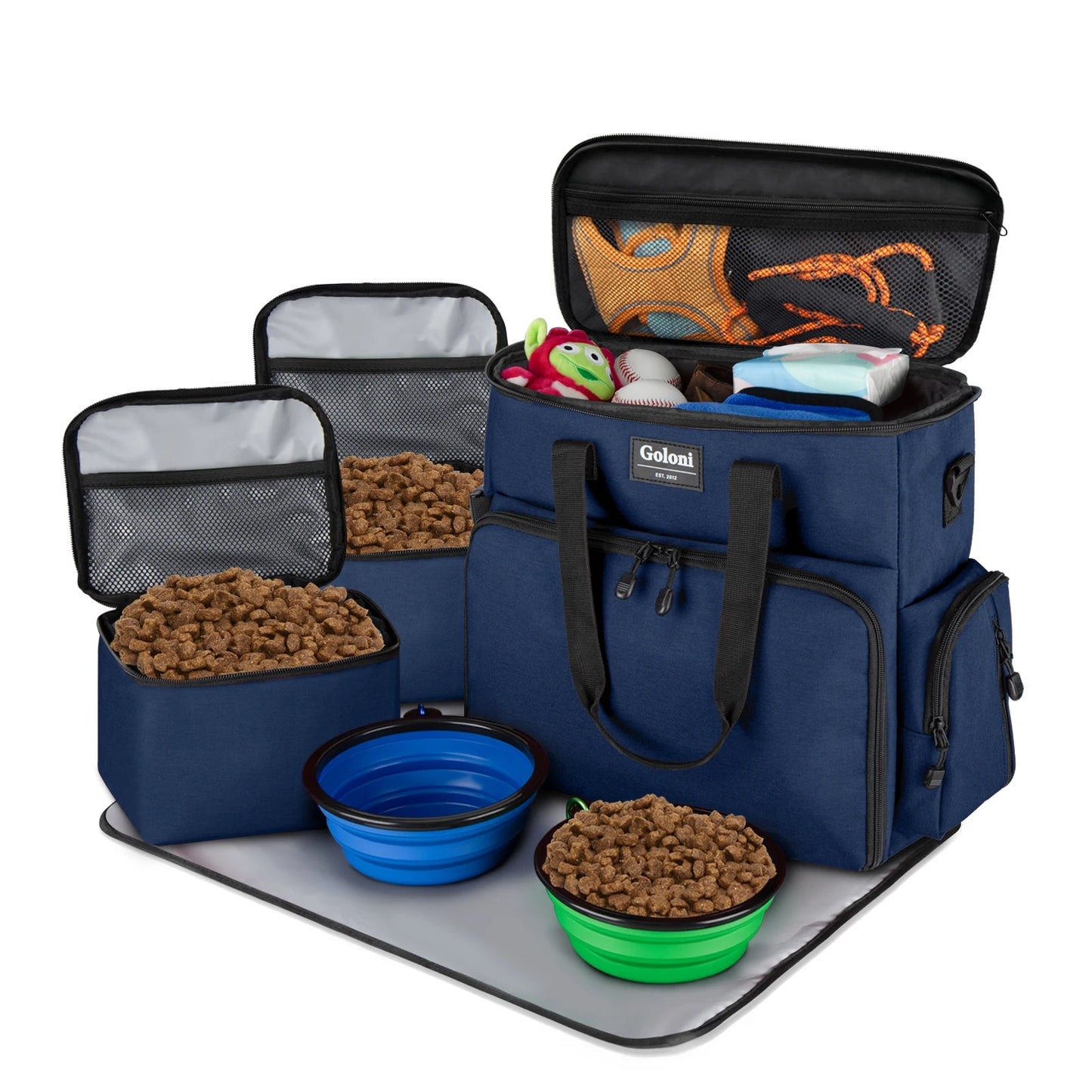 Dog Travel Bag with 2 Bowls & Food Containers (30cm<Max Length<50cm) Blue Travel Bowls Airline Approved Collapsible Dog Bowls Dog Food Container Large Capacity Water-Resistant PetLiveliest