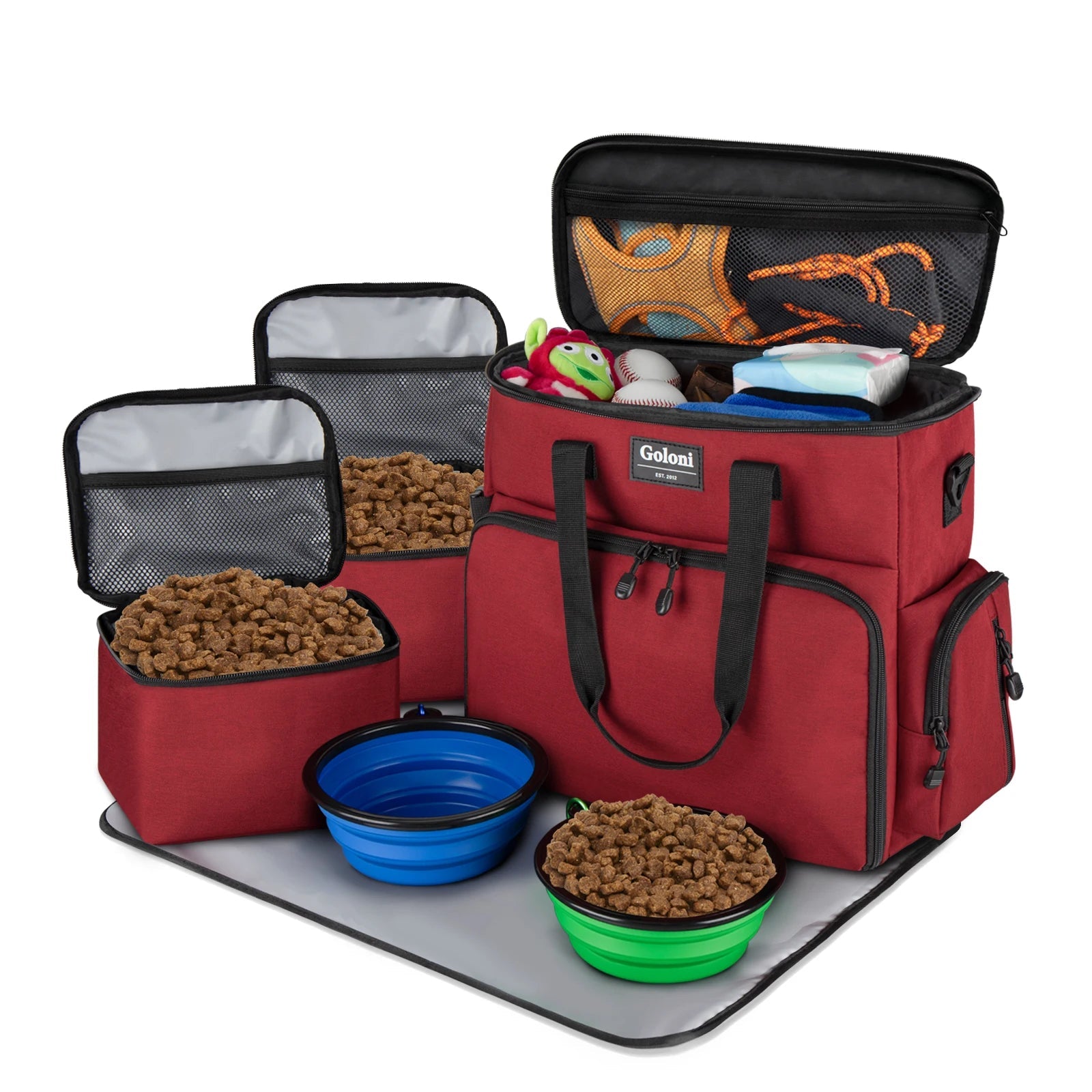 Dog Travel Bag with 2 Bowls & Food Containers (30cm<Max Length<50cm) Red Travel Bowls Airline Approved Collapsible Dog Bowls Dog Food Container Large Capacity Water-Resistant PetLiveliest