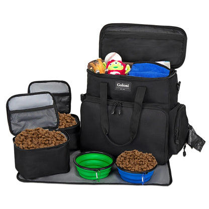 Dog Travel Bag with 2 Bowls & Food Containers (30cm<Max Length<50cm) Black Travel Bowls Airline Approved Collapsible Dog Bowls Dog Food Container Large Capacity Water-Resistant PetLiveliest