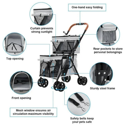 Double Pet Stroller with Double Layer Cabin One - Hand Folding - PetLiveliest - PetLiveliest - 双层设计 - 多功能 - 安全带