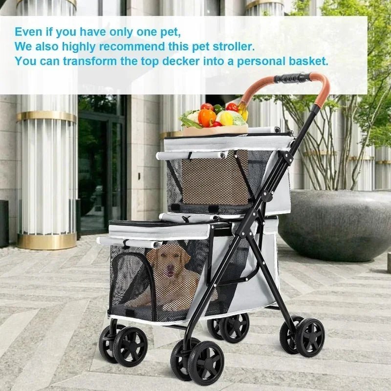 Double Pet Stroller with Double Layer Cabin One - Hand Folding - PetLiveliest - PetLiveliest - 双层设计 - 多功能 - 安全带