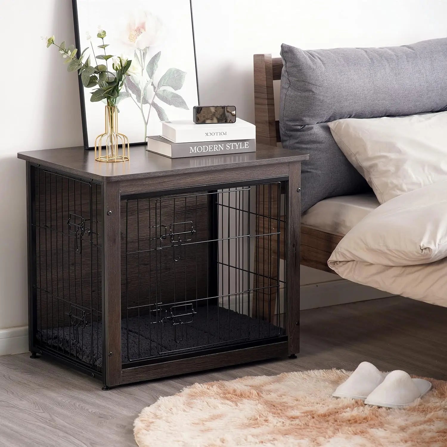 DWANTON Dog Crate Furniture with Cushion Crates Chew-Resistant Dog Crate Double Doors Indoor Kennel Wooden Crate PetLiveliest