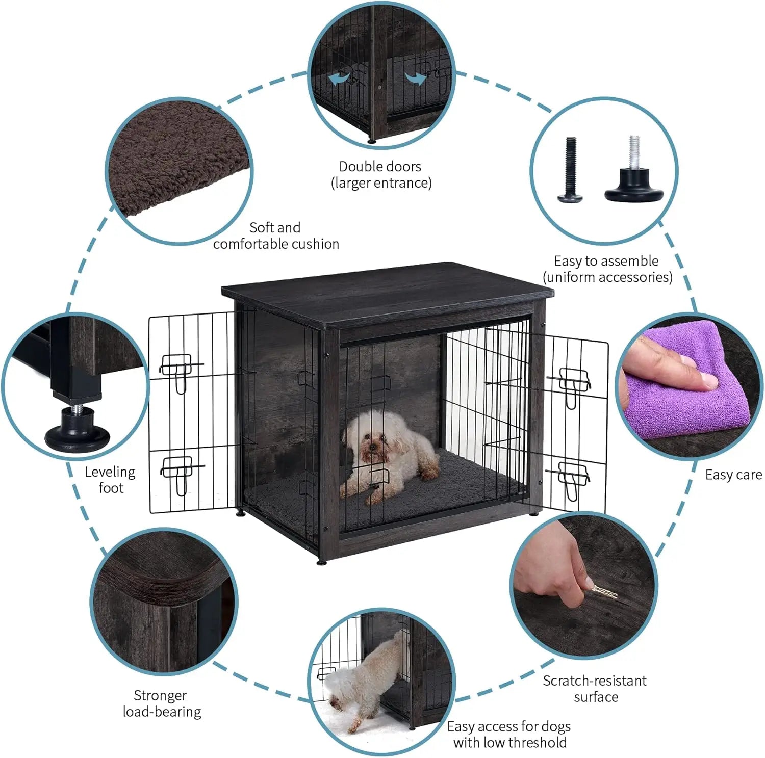 DWANTON Dog Crate Furniture with Cushion - PetLiveliest - PetLiveliest - Chew - Resistant - Dog Crate - Double Doors