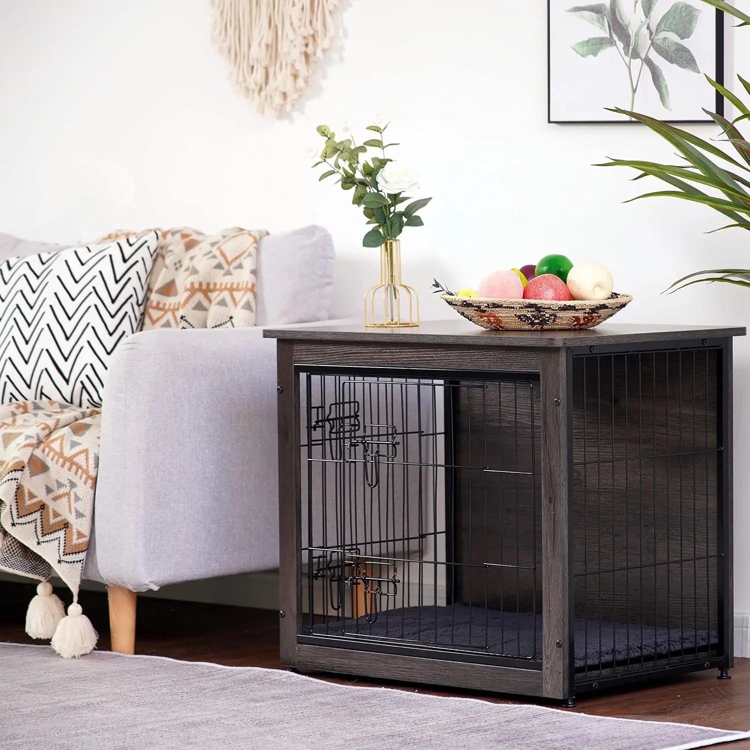 DWANTON Dog Crate Furniture with Cushion - PetLiveliest - PetLiveliest - Chew - Resistant - Dog Crate - Double Doors