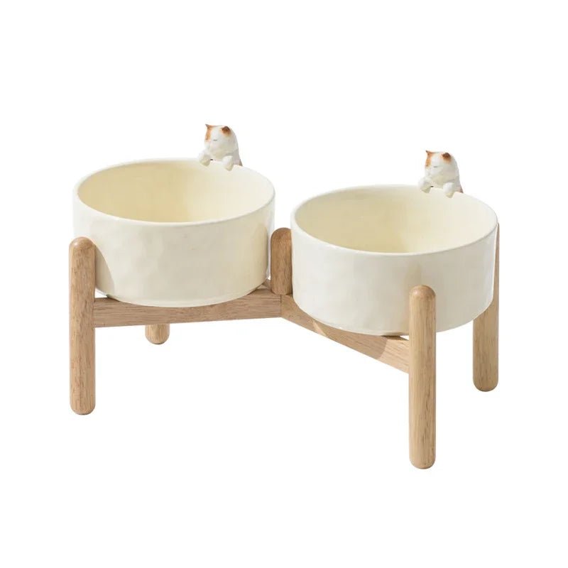 Elevated Double Bowl Pet Feeder double cat 2 Bowls 840ml ceramics bowl dogs double bowls wooden shelf PetLiveliest