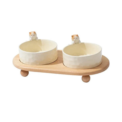 Elevated Double Bowl Pet Feeder double cat 1 Bowls 840ml ceramics bowl dogs double bowls wooden shelf PetLiveliest