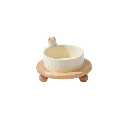 Elevated Double Bowl Pet Feeder cat with low shelf Bowls 840ml ceramics bowl dogs double bowls wooden shelf PetLiveliest