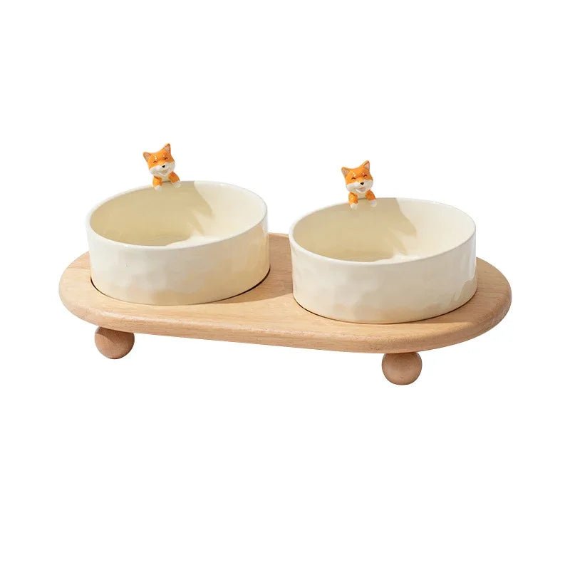 Elevated Double Bowl Pet Feeder double dog 1 Bowls 840ml ceramics bowl dogs double bowls wooden shelf PetLiveliest