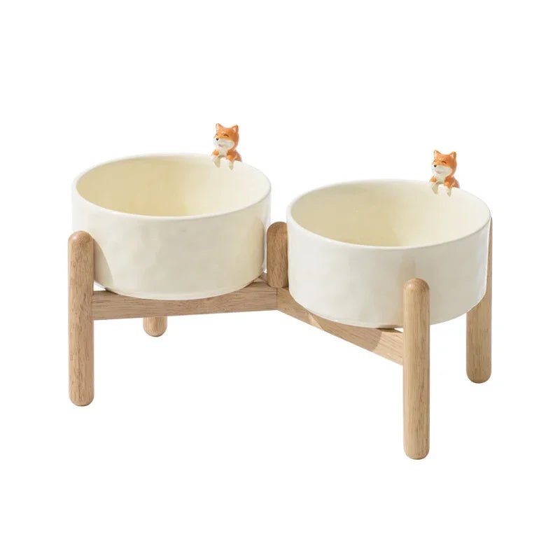 Elevated Double Bowl Pet Feeder double dog 2 Bowls 840ml ceramics bowl dogs double bowls wooden shelf PetLiveliest