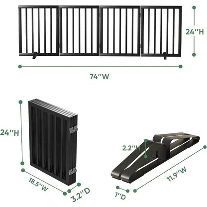 Freestanding Dog Gate, Solid Wood, Extra Wide Gate & Door Black Foldable Freestanding Retractable Wood PetLiveliest