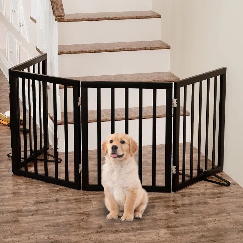 Freestanding Dog Gate, Solid Wood, Extra Wide Gate & Door Black Foldable Freestanding Retractable Wood PetLiveliest