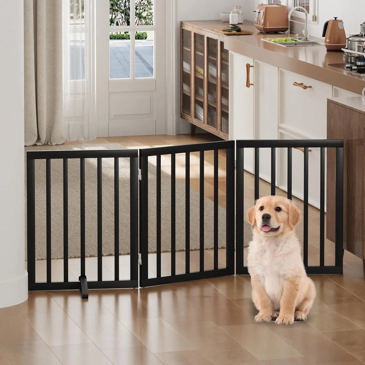 Freestanding Dog Gate, Solid Wood, Extra Wide Black Gate & Door Black Foldable Freestanding Retractable Wood PetLiveliest