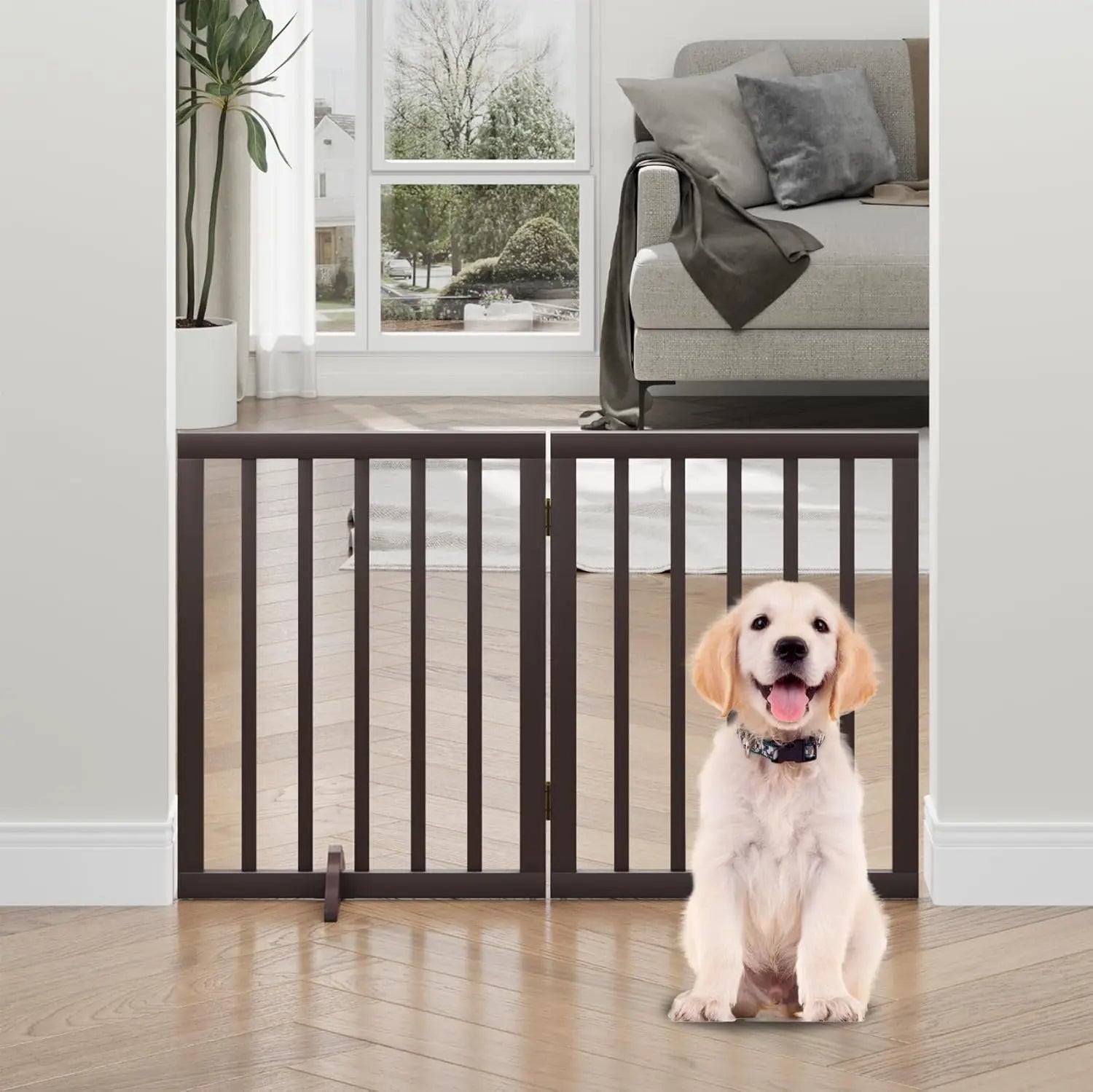 Freestanding Dog Gate, Solid Wood, Extra Wide Brown Gate & Door Black Foldable Freestanding Retractable Wood PetLiveliest