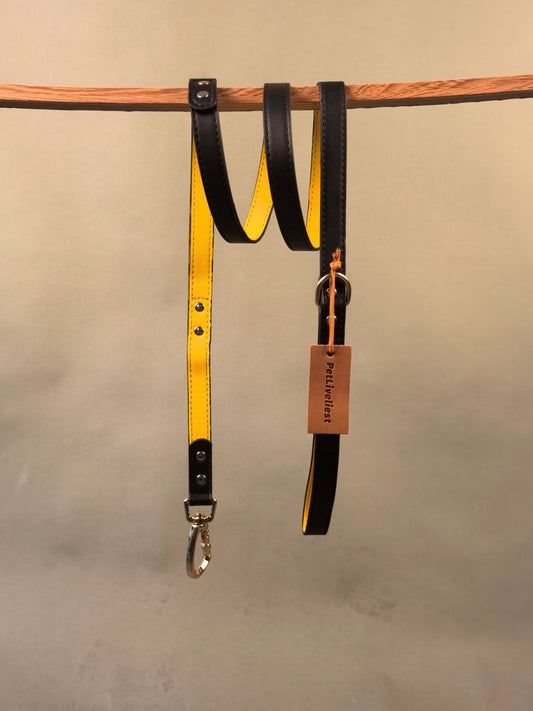 INITIUM LEASH - BLACK/YELLOW OneSize (59.06"*0.79") Black-Yellow Leather Leash Basic set Collar&Leash Harness&Leash Leash On Sale PetLiveliest