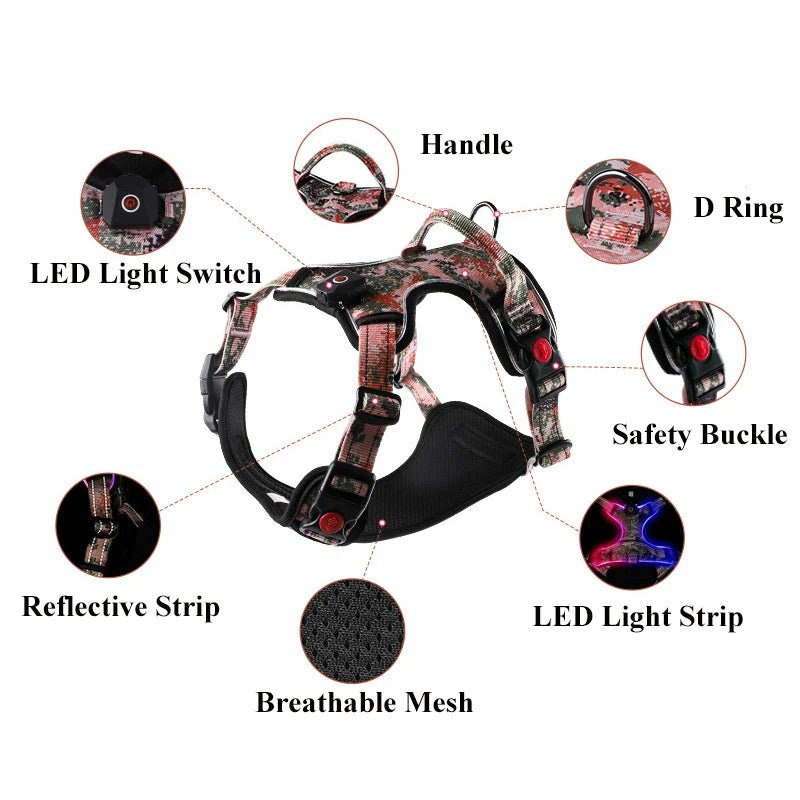 Light Up LED Dog Harness with Handle Harness LED 三种尺寸 反光 可充电 夜间安全 PetLiveliest