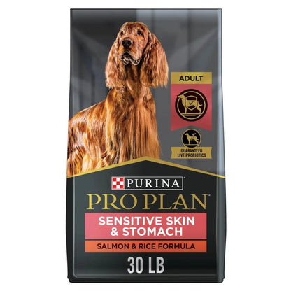 Purina Pro Plan Adult Sensitive Skin & Stomach Salmon & Rice Formula Dry Dog Food, 30-lb bag Dry Food Digestive Health Omega-3 Fatty Acids Salmon Sensitive Skin Sensitive Stomach Purina