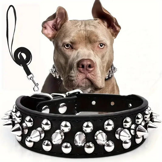 Spiked Leather Dog Collar Set black Collar 可調節 寵物項圈 戶外 皮革 鉚釘 PetLiveliest