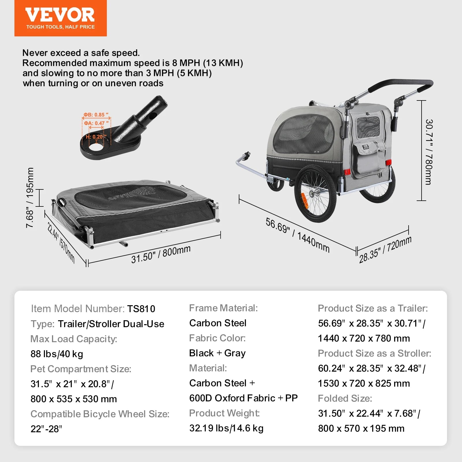 VEVOR 2 - in - 1 Pet Bike Trailer &amp; Stroller - 88 lbs - PetLiveliest - PetLiveliest - 可折叠 - 宠物拖车 - 宠物运输