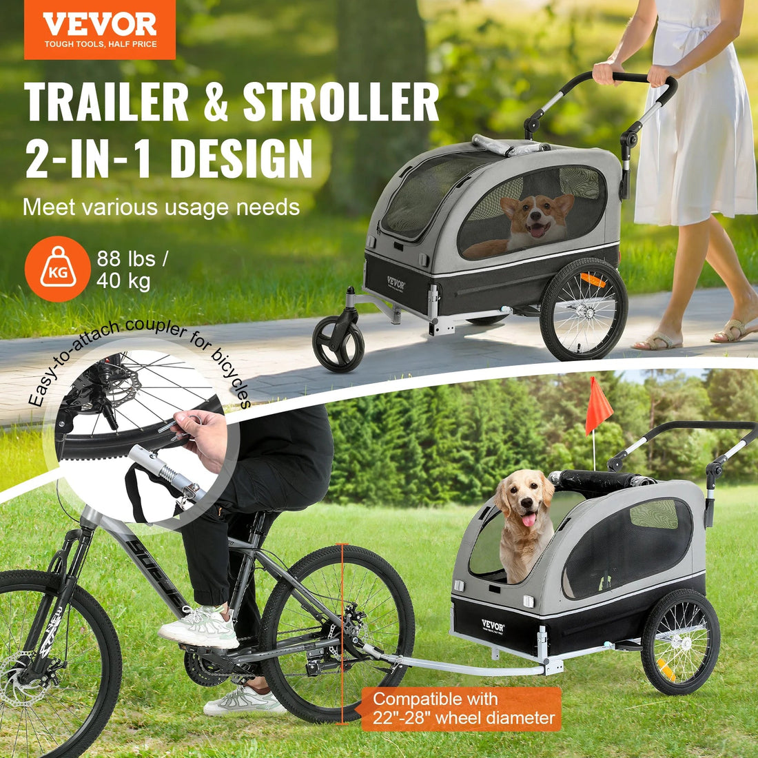 VEVOR 2 - in - 1 Pet Bike Trailer &amp; Stroller - 88 lbs - PetLiveliest - PetLiveliest - 可折叠 - 宠物拖车 - 宠物运输