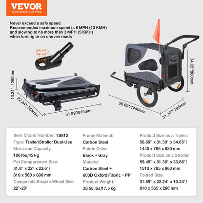 VEVOR Dog Bike Trailer &amp; Pet Stroller 2 - in - 1 - PetLiveliest - PetLiveliest - 宠物拖车 - 宠物运输 - 折叠式